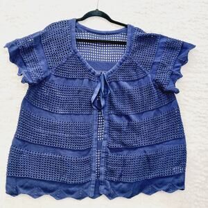 Cardigan Open Size 2X Satin Tie Navy Cottagecore Soft Girl Lagenlook Office Y2K